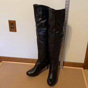 Black faux leather black almond toe boots 3 1/2”